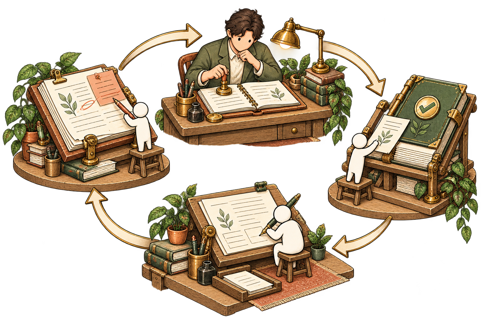 A draft and feedback pass through your approval gate into a reusable method book and then the next task.