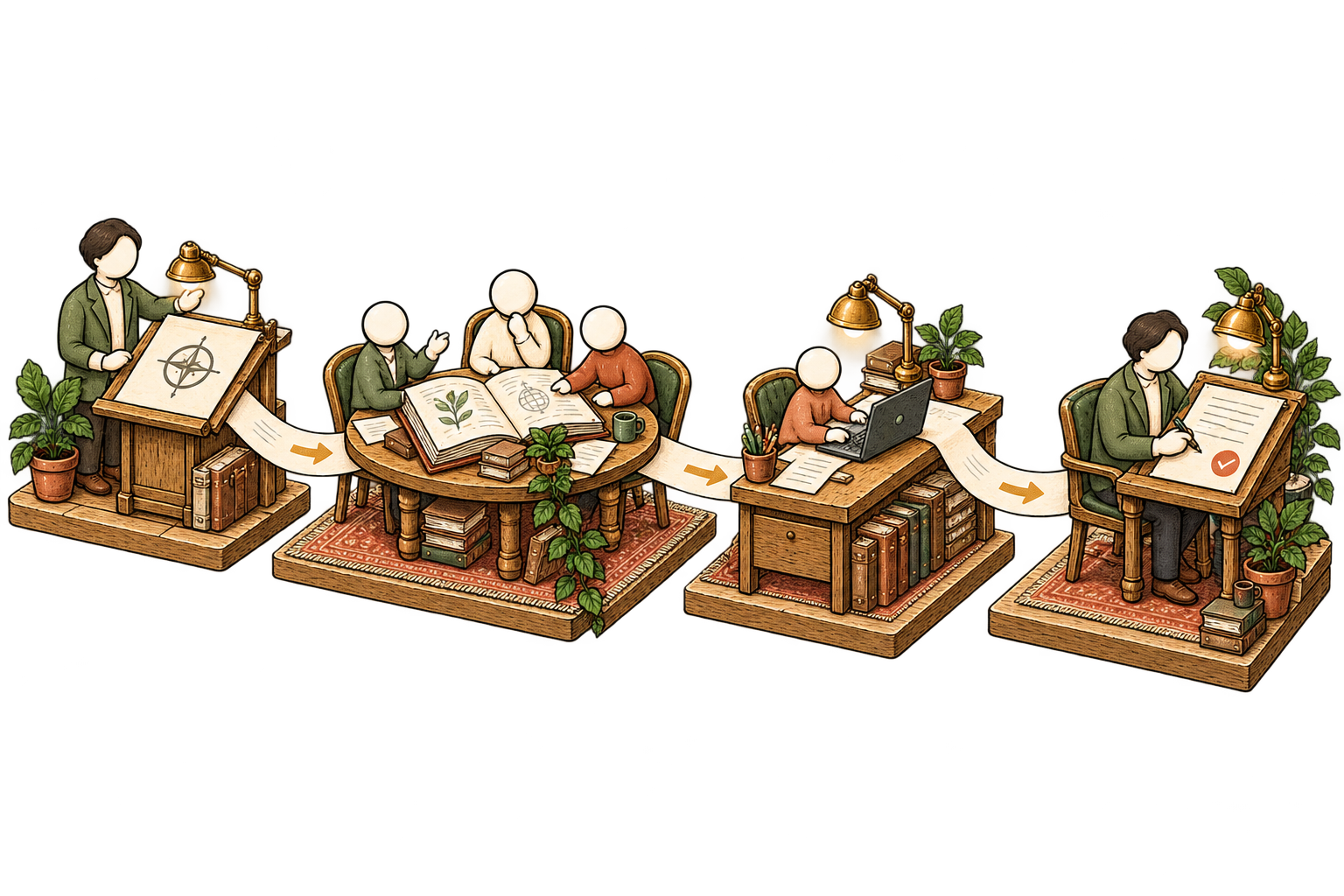 Your direction goes to a roundtable of advisors, then a staff workbench, then your approval checkpoint.