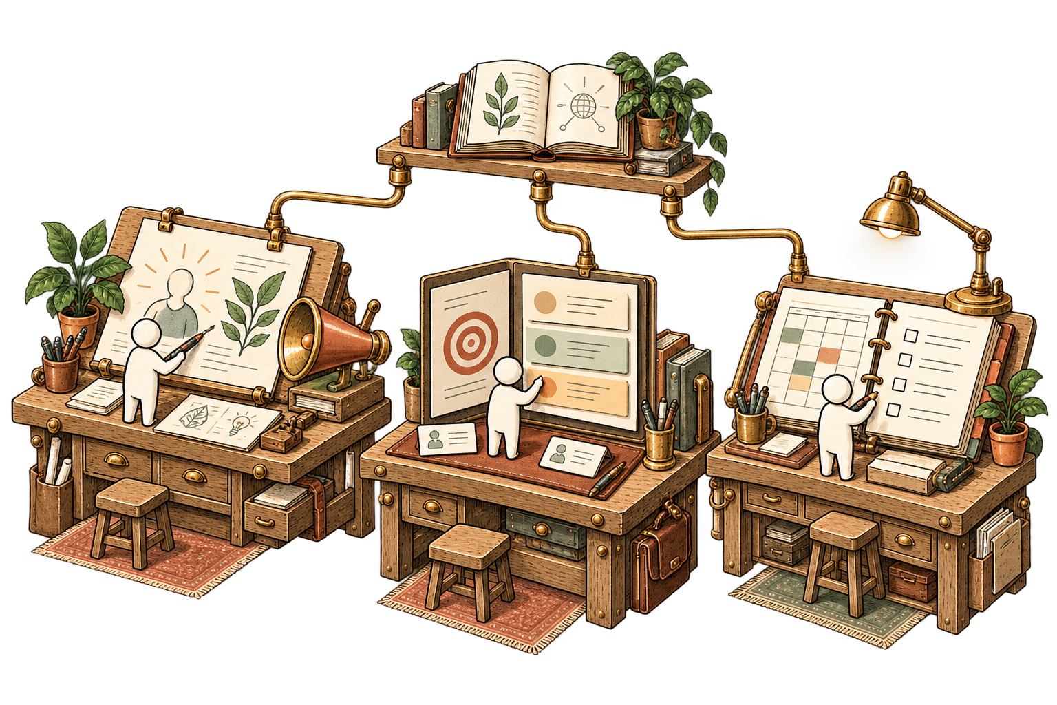 Three connected wooden workbenches produce a marketing post, a clearer sales offer, and a client preparation checklist.