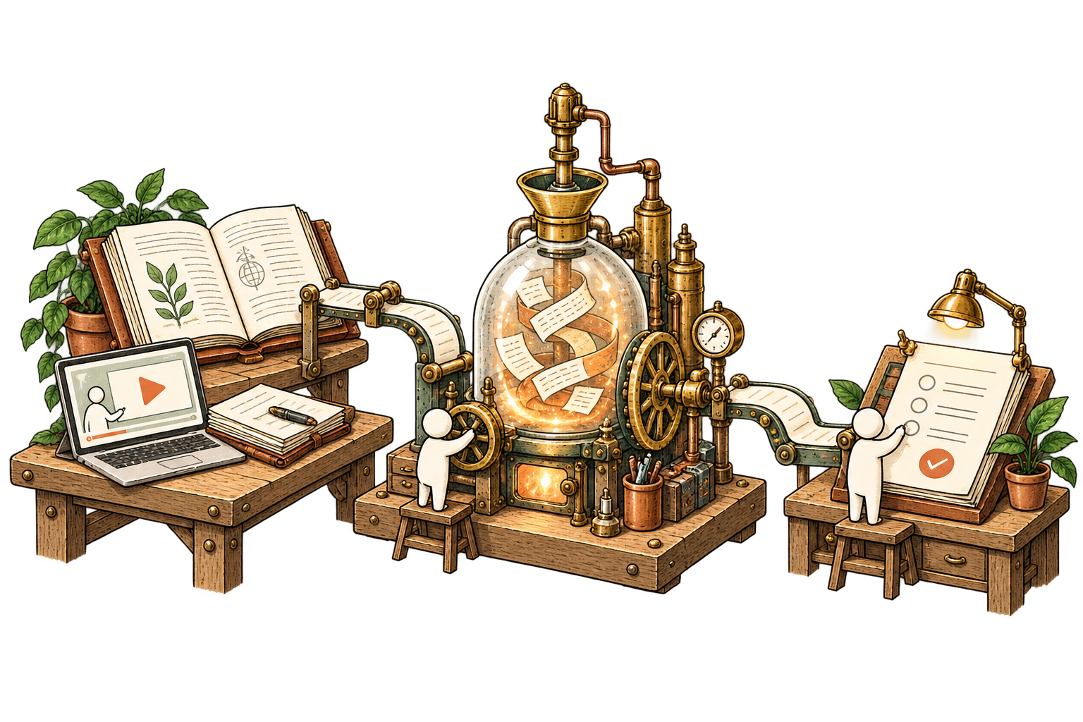 Books, courses, workshops and your expertise enter a method-making vessel; an assistant prepares a document for your review.