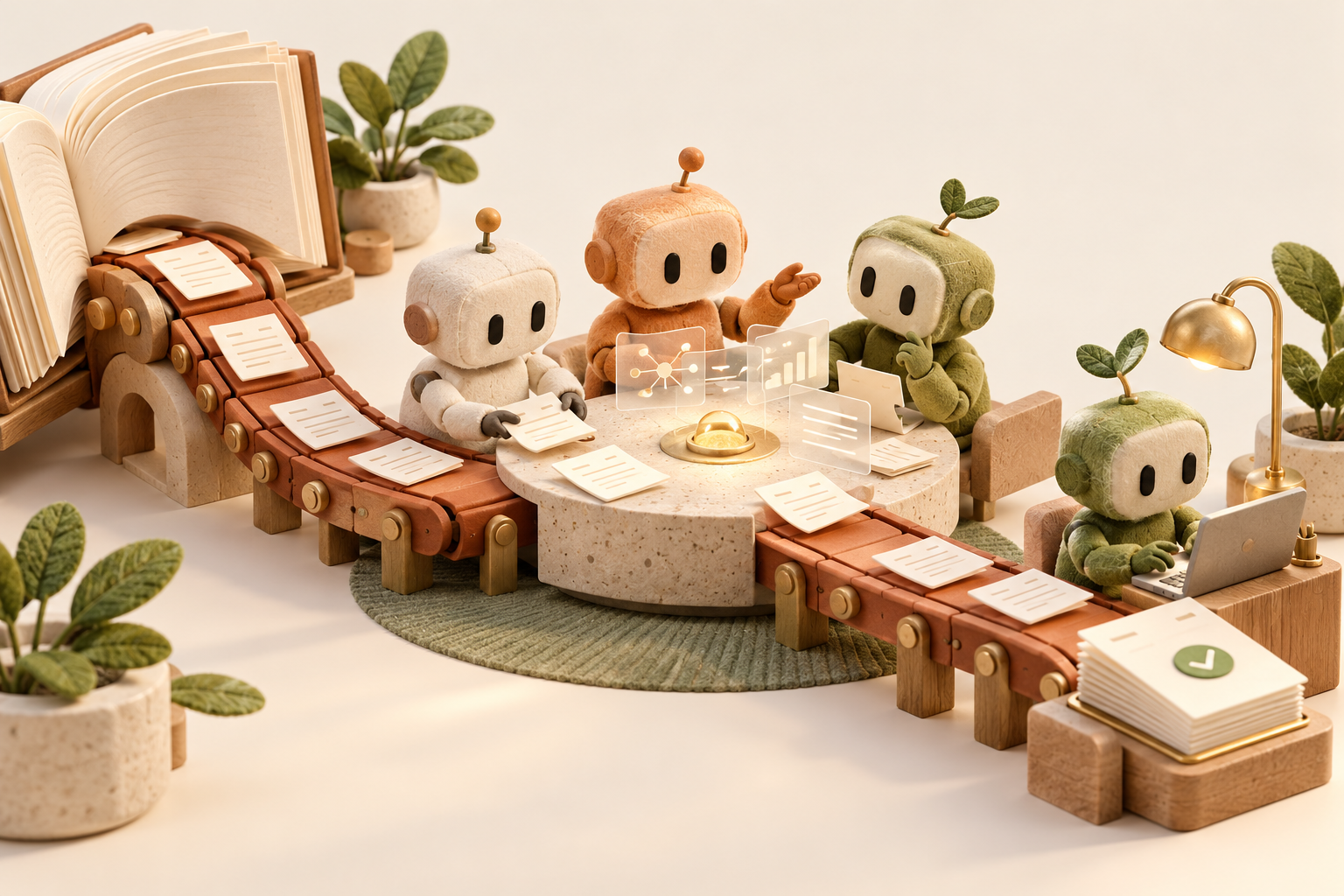 Original 3D-render-style illustration: a book conveyor feeds a council of fictional soft robots and an employee workstation.